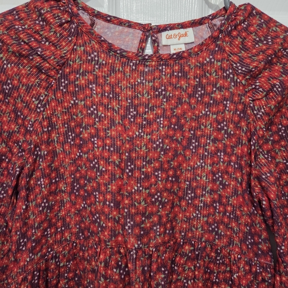 Cat & Jack Girls Ditsy Floral Print Metallic Stripe Long Sleeve Dress Size XL 14 - Picture 3 of 10